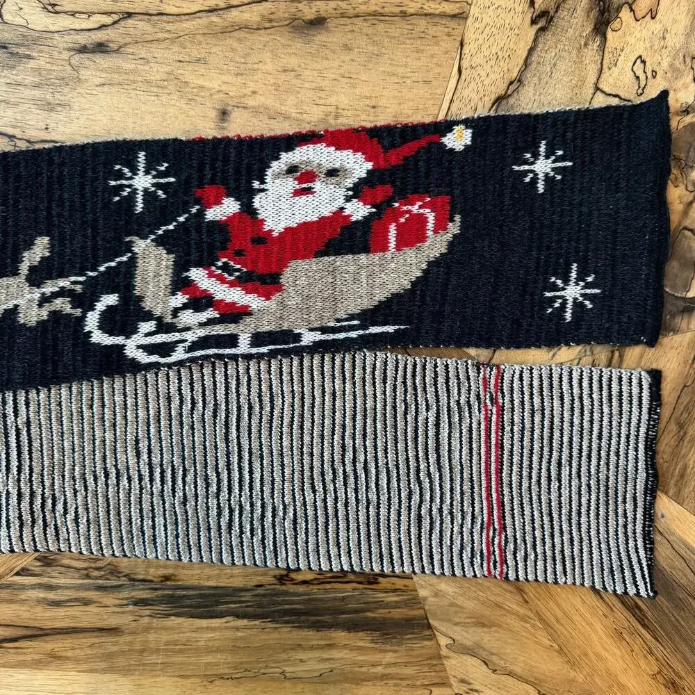 Vtg Christmas Knit Scarf Santa Sleigh Rudolph Red Nosed Reindeer Snowflakes 68